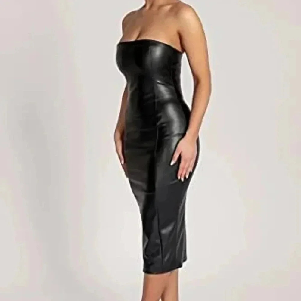 Sexy Strapless Tube Top Club Midi Dress Off Shoulder Bodycon Faux LEATHER